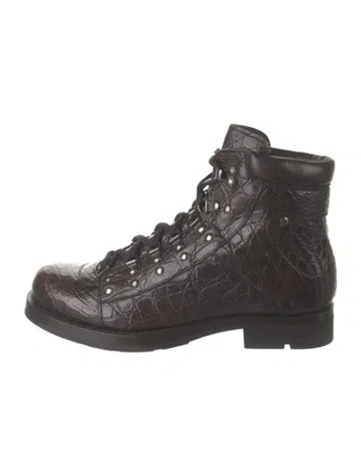 Pre-owned Prada Crocodile Animal Print Combat Boots In Black