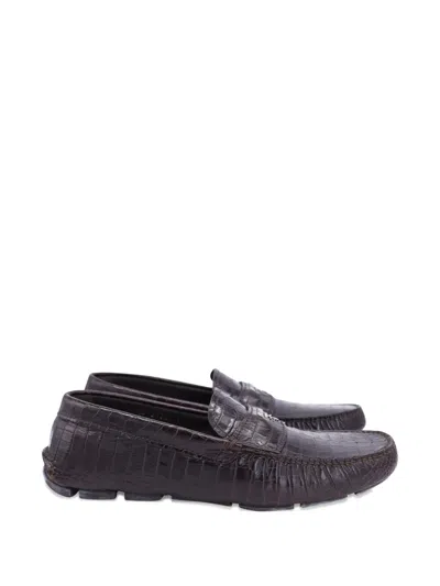 Pre-owned Prada Crocodile-embossed Leather Loafers In Brown