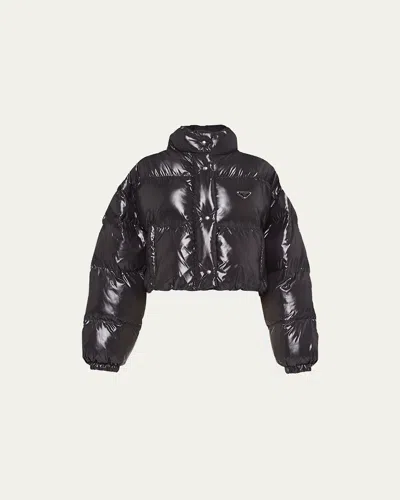 Prada Crop Drawstring Nylon Down Jacket In Black