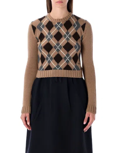 Prada Cropped Cashmere Sweater With Argyle Pattern In Brown