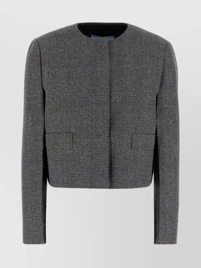 PRADA CROPPED CHECKERED BLAZER IN TEXTURED FABRIC