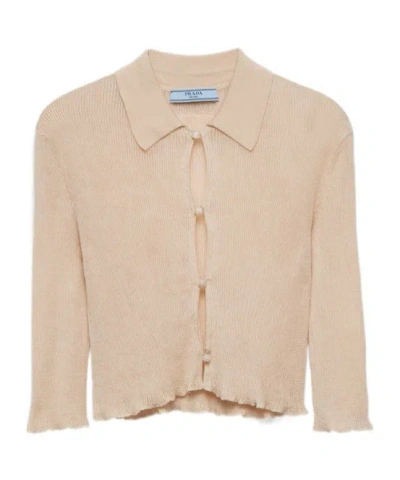 Prada Cropped Cotton Cardigan In Sand Beige