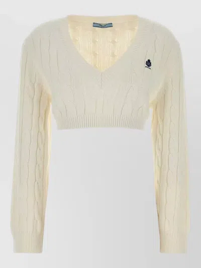 Prada Cropped Cotton Sweater V Neck Cable Knit In Brown