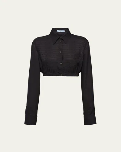Prada Cropped Crepe De Chine Silk Logo Blouse In Nero