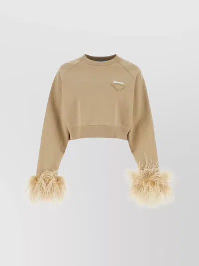 Prada Crew-neck Sweatshirt With Feather Trim In Brown