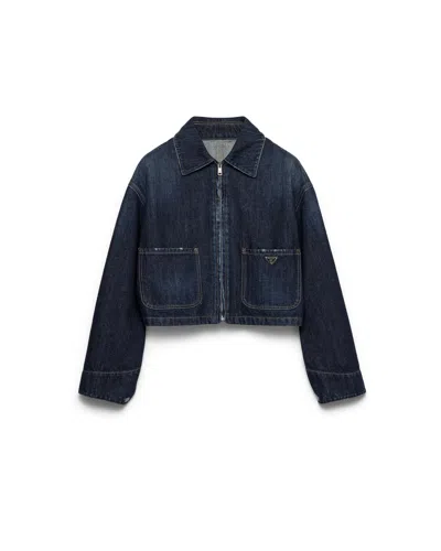 Prada Cropped Denim Blouson Jacket In Blue