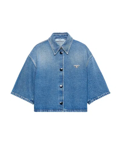 Prada Cropped Denim Shirt In Blue