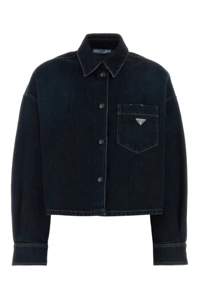 Prada Cropped Denim Shirt Jacket In Blue