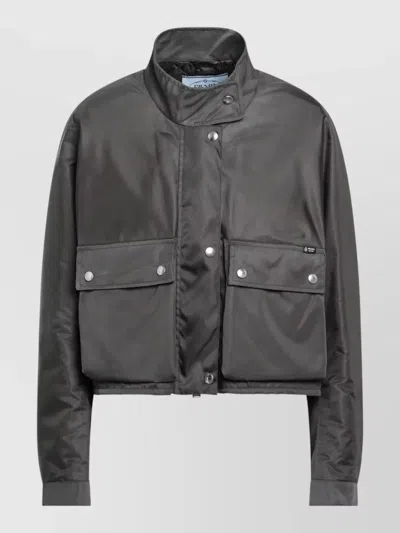 Prada Cropped Jacket High Collar Front Pockets In Gray