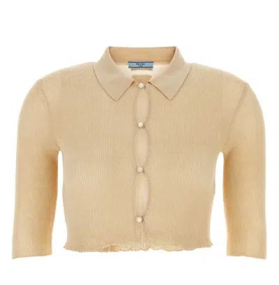 Prada Cropped Knitted Cardigan In Beige