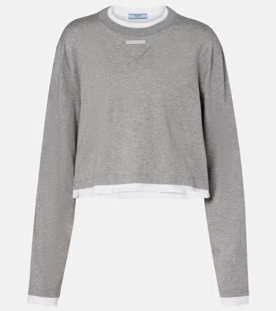 Prada Cotton T-shirt Cropped Length Long Sleeves In Gray