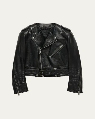 Prada Cropped Leather Jacket In F0002 Nero
