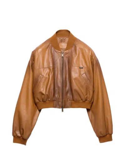 Prada Cropped Nappa Leather Jacket In Brown