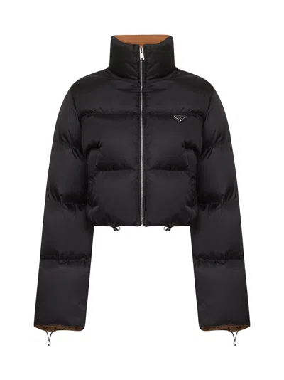 Prada Cropped Re-nylon Down Jacket In Black