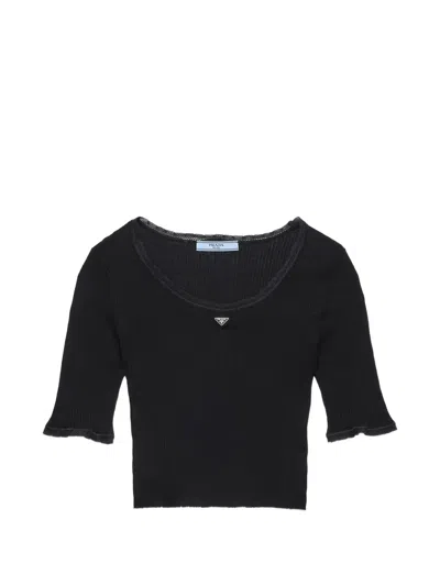 Prada Cropped Ribbed Cotton T-shirt In Black