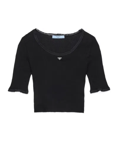 Prada Cropped Ribbed Cotton T-shirt In Black