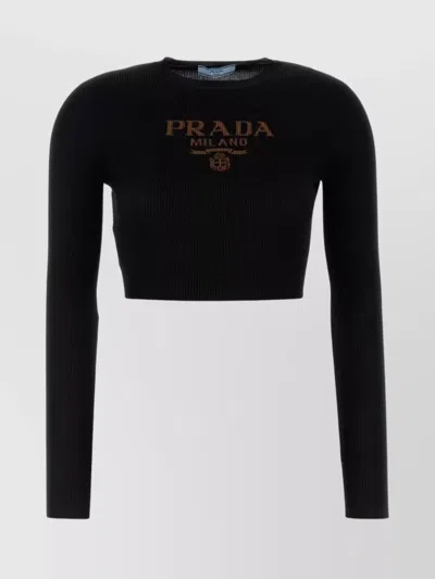 Prada Cropped Silk Knitwear With Ribbed Texture In Black
