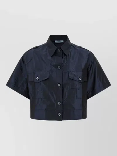 Prada Cropped Silk Taffeta Shirt Short Sleeves In Blue