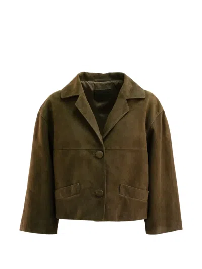 Prada Cropped Suede Jacket Notched Lapel Pockets In Green