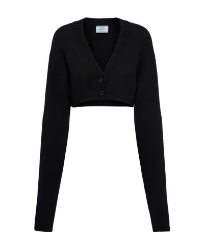 Prada Cropped V-neck Cardigan In Black