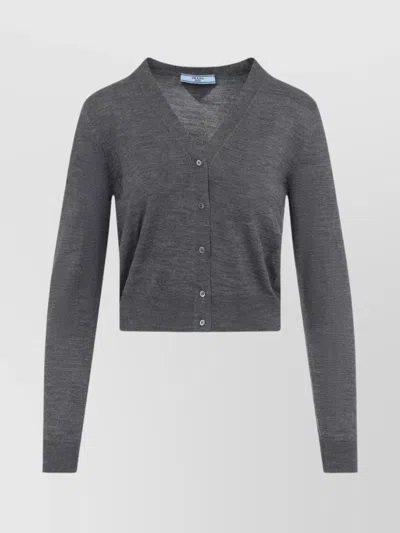 PRADA CROPPED V-NECK WOOL CARDIGAN WITH RIBBED FINISH