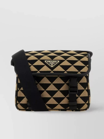 Prada Crossbody Bag With Embroidered Symbole And Geometric Pattern In Beige