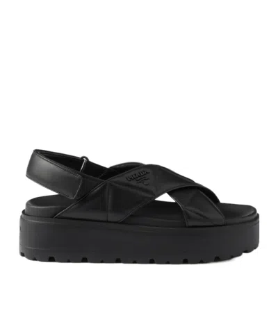 Prada Crossed Flat Sandals In Black