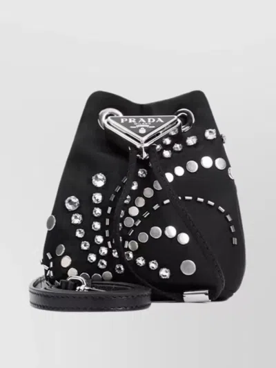 Prada Crystal Adorned Bucket Bag In Black