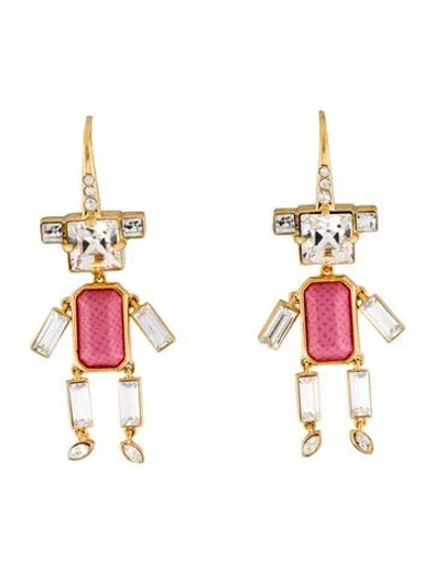 Pre-owned Prada Crystal & Leather Robot Drop Earrings In Multicolor