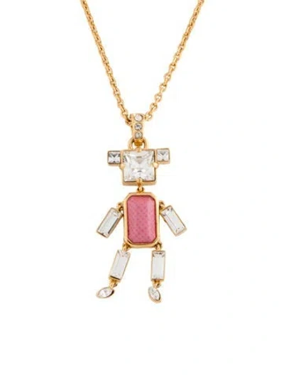Pre-owned Prada Crystal & Leather Robot Pendant Necklace, 24" In Multicolor