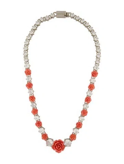 Pre-owned Prada Crystal & Resin Rose Collar Necklace, 20" In Orange