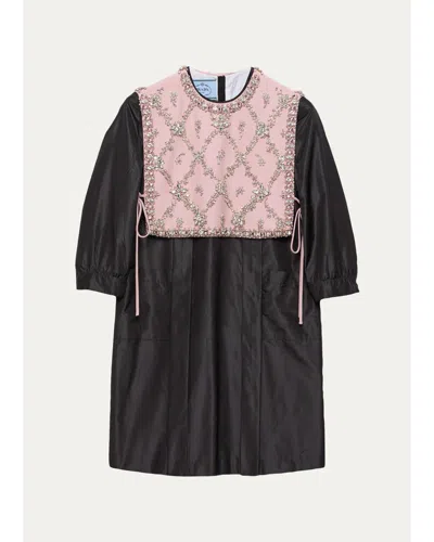 Prada Crystal Bib Silk Taffeta Mini Dress In Black
