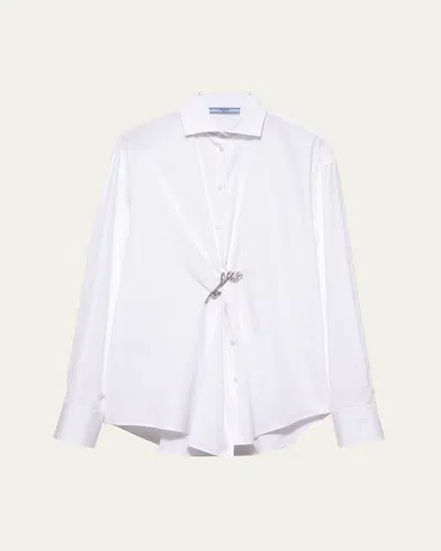 PRADA CRYSTAL BROOCH POPLIN BUTTON DOWN TOP