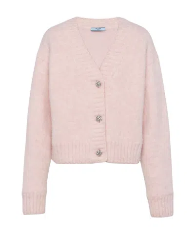 Prada Crystal-buttons Wool V-neck Cardigan In Pink
