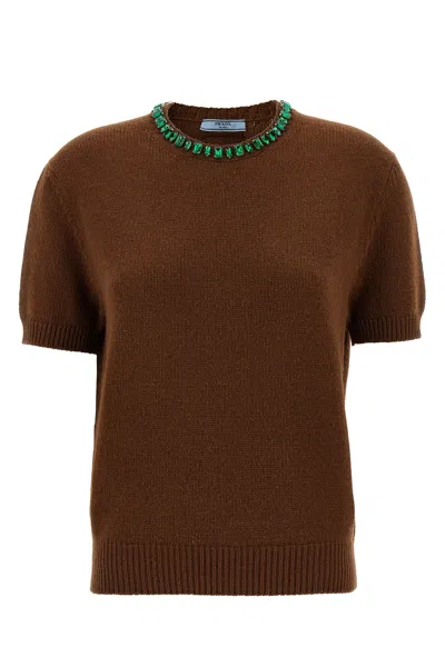 Prada Crystal Crew Neck Sweater In Brown