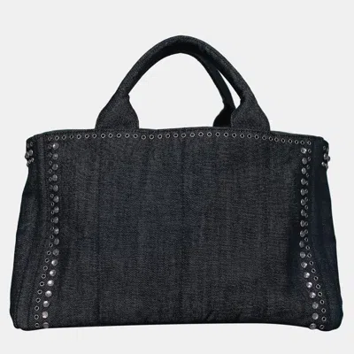 Pre-owned Prada Crystal Embellished & Eyelet Denim Two-way Bag In Black