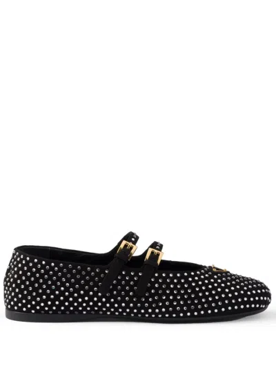 Prada Crystal Saffiano Dual Mary Jane Ballerina Flats In Black