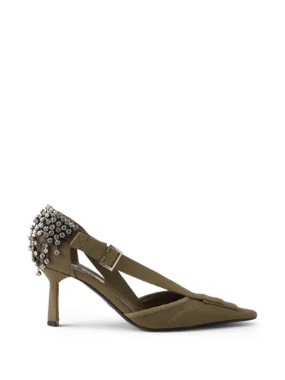 Prada Crystal-embellished Canvas Pumps In Green