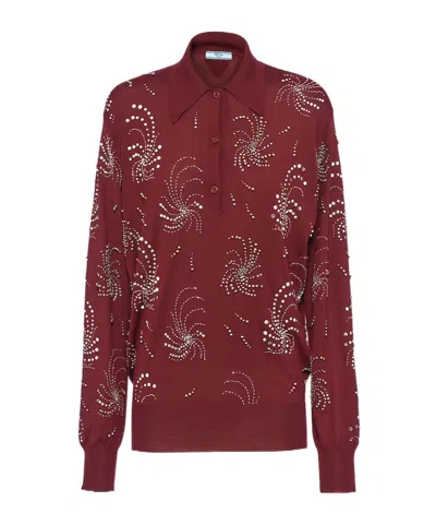 Prada Crystal-embellished Cashmere Polo Shirt In Dark Red