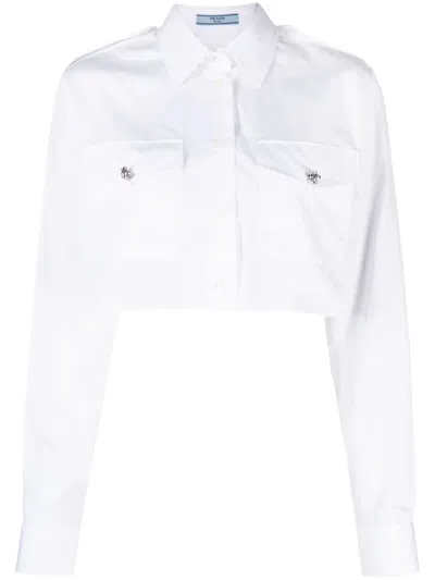 Prada Crystal-embellished Cropped Cotton Shirt In Weiss