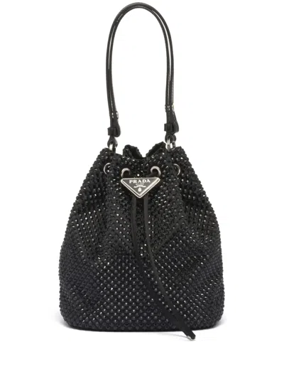 Prada Crystal-embellished Drawstring Bucket Bag In Black