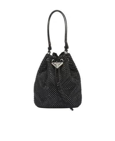 PRADA PRADA GOLD TONE EMBELLISHED DRAWSTRING BUCKET BAG