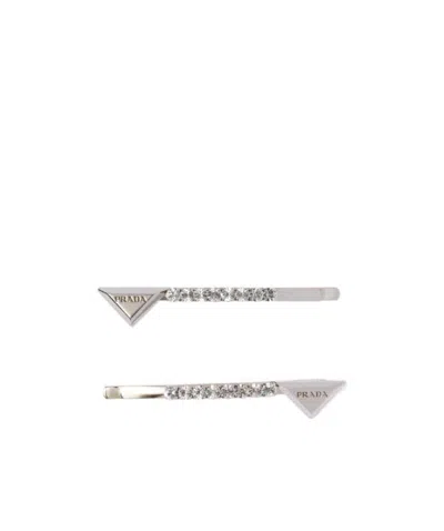 Prada Embellished Brass Hair Clip In Gray