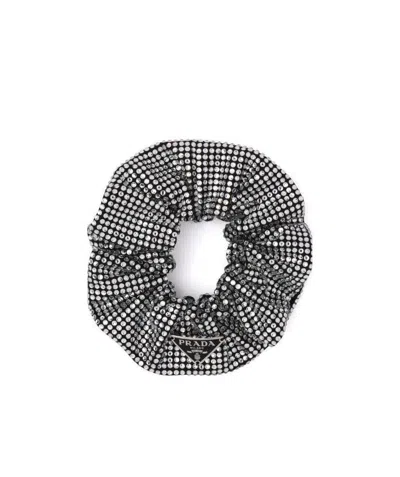 Prada Crystal-embellished Hair Scrunchie In Black White