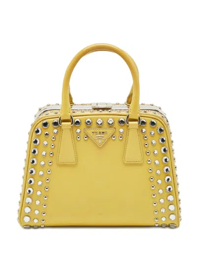 Pre-owned Prada Crystal-embellished Leather Handbag In Yellow