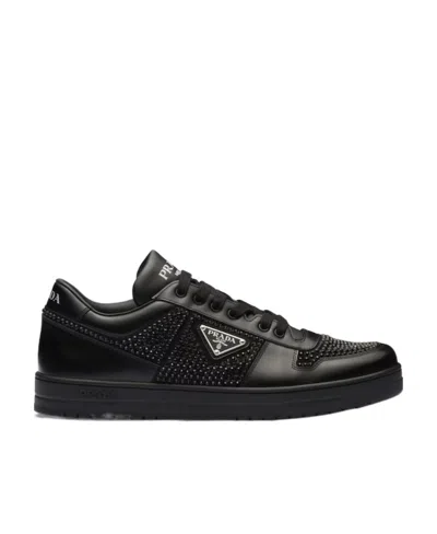 Prada Leather Sneakers With Crystals In Black