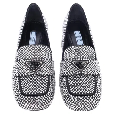 Pre-owned Prada Crystal Embellished Logo Plaque Loafer Pumps Size 35.5 In Black