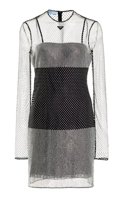 Prada Crystal-embellished Mesh Mini Dress In Silver