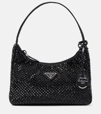 Prada Crystal-embellished Satin Tote Bag In Black