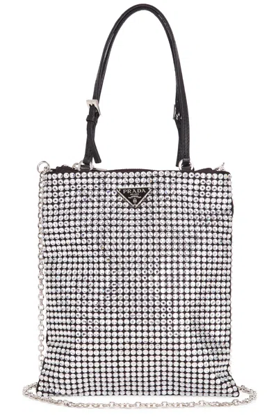 Pre-owned Prada Crystal Embellished Satin Tote Bag In Silver